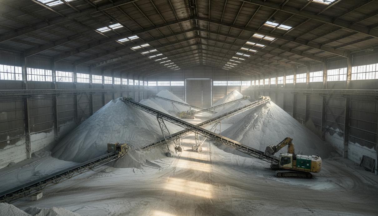 Промышленный терминал с высокими насыпями фосфатных удобрений и конвейерными лентами