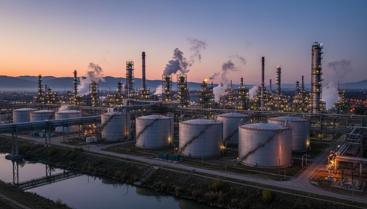 Romgaz покупает химический комбинат Azomures у холдинга Ameropa Промышленный пейзаж химического завода по производству минеральных удобрений в вечернее время