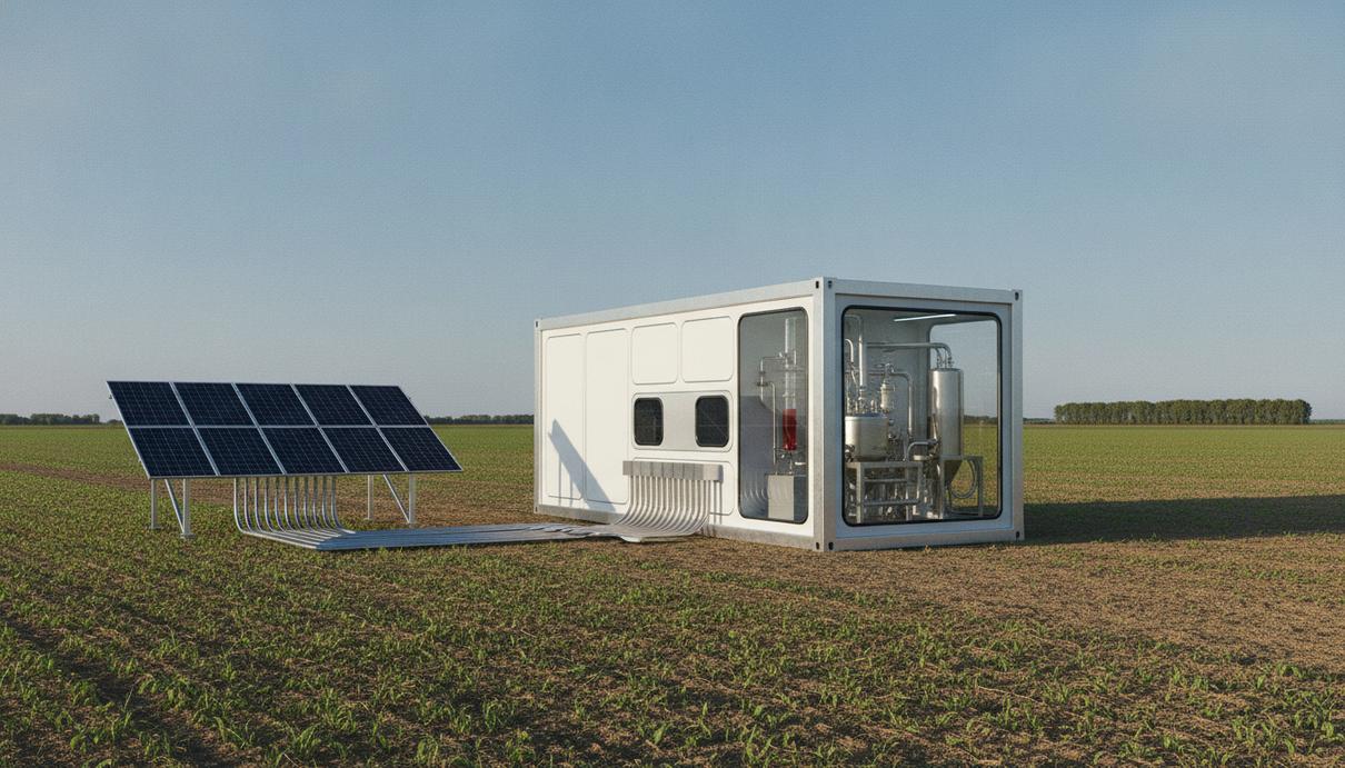 Faraday Earth удешевит зеленый аммиак с помощью плазменной технологии Современный контейнерный модуль для химического производства, установленный в сельскохозяйственном поле и подключенный к солнечным панелям.