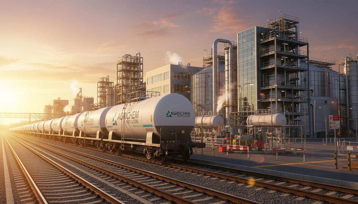 Koch Fertilizer вновь получила награды за безопасность ж/д перевозок Ряд белых железнодорожных цистерн для перевозки удобрений на путях у современного агрохимического завода.