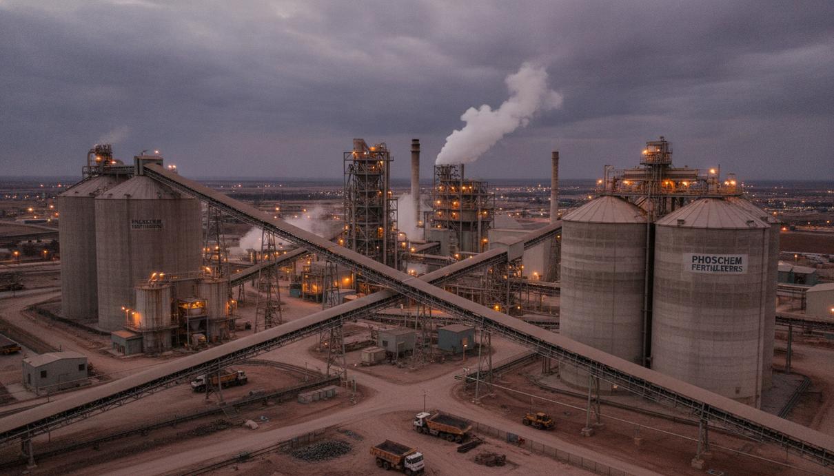 Mosaic получила $273 млн убытка во II квартале из-за проблем с серой Промышленный комплекс по производству фосфатных удобрений: крупные силосы, конвейеры и технологические установки на закате.
