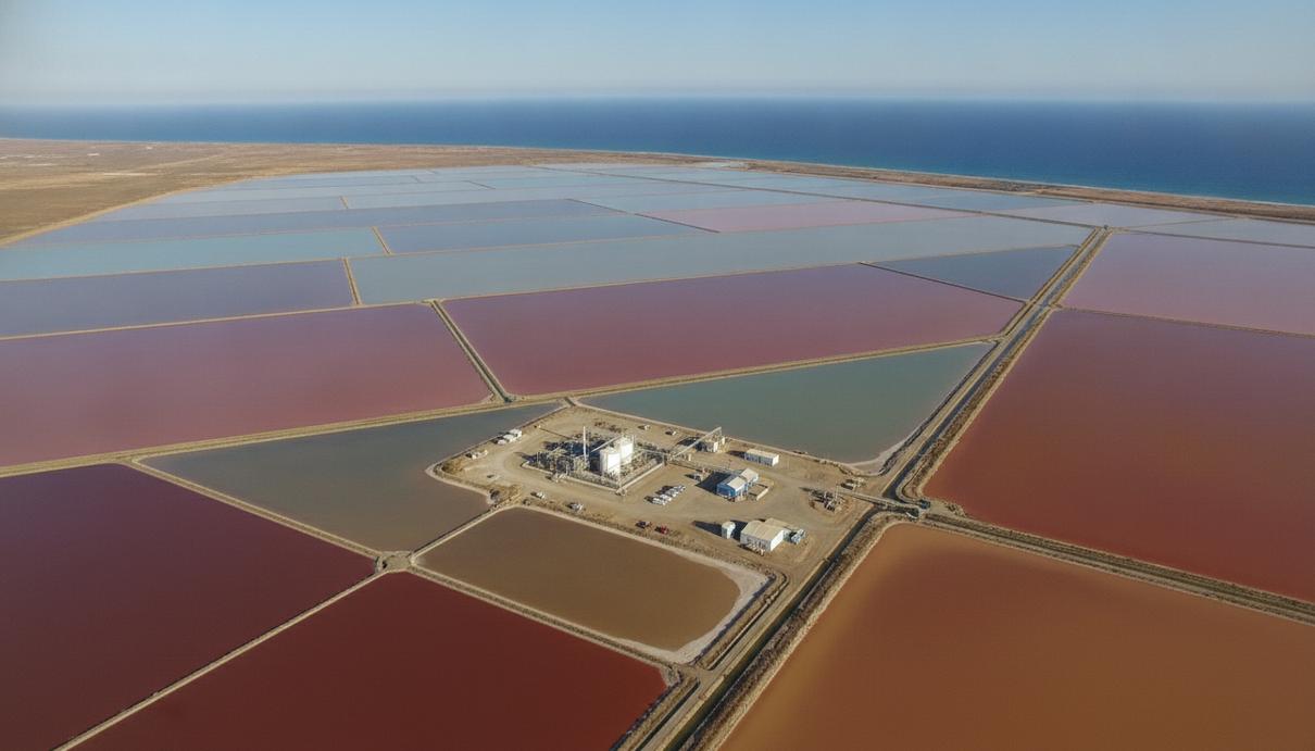 BCI Minerals построит в Австралии опытную установку сульфата калия Воздушный вид на промышленные соляные пруды-испарители на побережье, часть комплекса занимает опытная химическая установка.