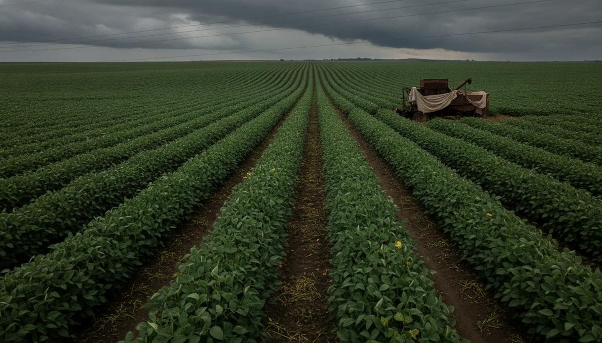 Verde AgriTech сократила продажи в Бразилии из-за кредитного кризиса Огромное соевое поле в Бразилии под тяжёлым, пасмурным небом, уходящее за горизонт.