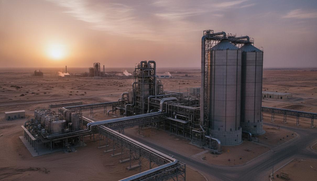 SABIC и Maaden договорились о возможном сотрудничестве на рынке удобрений Крупный завод по производству удобрений в пустыне, промышленные корпуса, силосы для хранения и трубопроводы на рассвете.