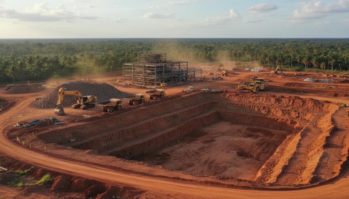 Minbos Resources получит кредит на фосфатный проект в Анголе Карьер по добыче фосфатов в Кабинде, Ангола. На площадке стоит строительная техника и видны стальные каркасы будущего завода.