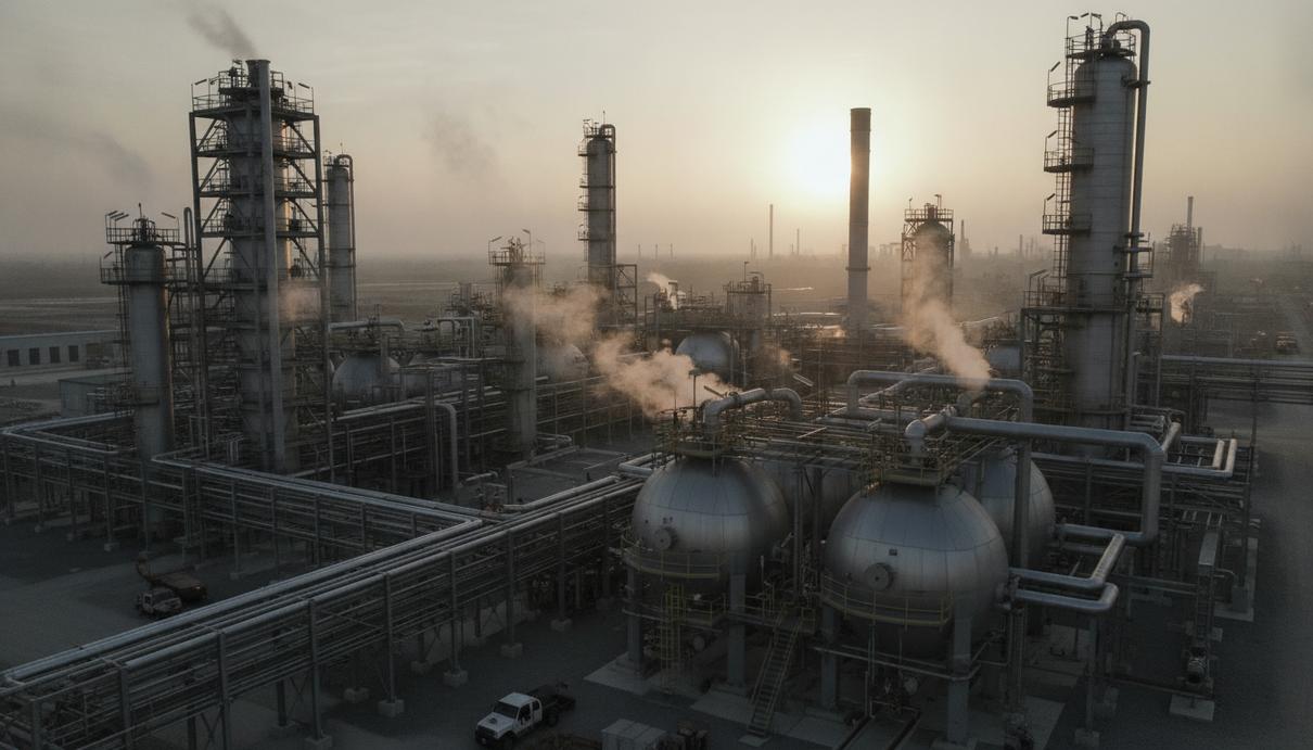 Thyssenkrupp Uhde будет готовить операторов химзаводов на симуляторах Сложное переплетение труб, реакторов и колонн на современном заводе по производству удобрений на рассвете.