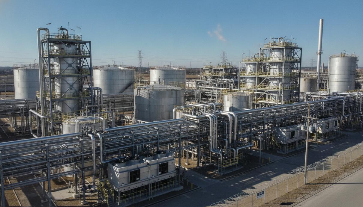 Casale запустила завод азотной кислоты для BorsodChem в Чехии Химический завод с металлическими резервуарами, сетью труб и промышленными установками под открытым небом.
